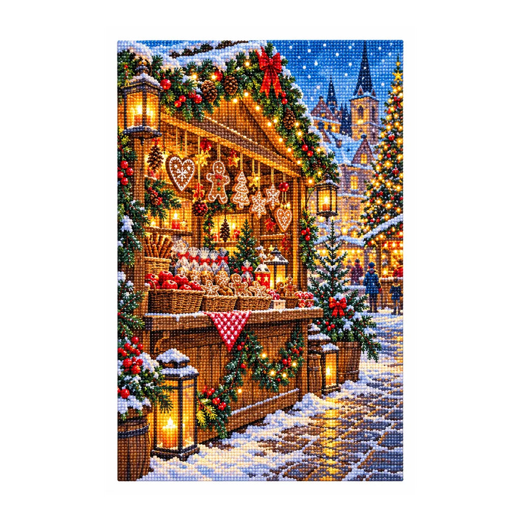 White-background finished diamond painting of Christmas Market.