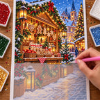 Hands placing diamond drills on the Christmas Market design.