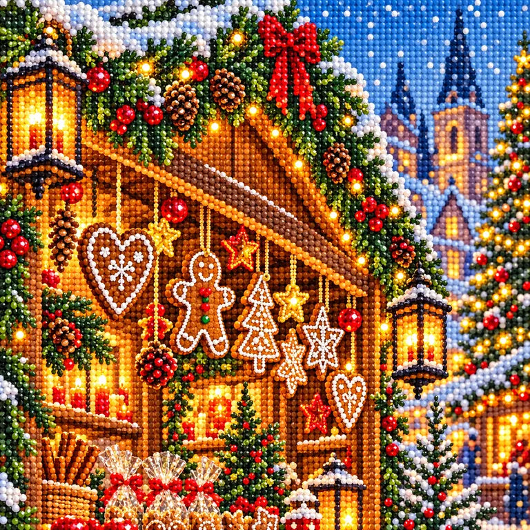 Close-up of drill details in the Christmas Market diamond painting.