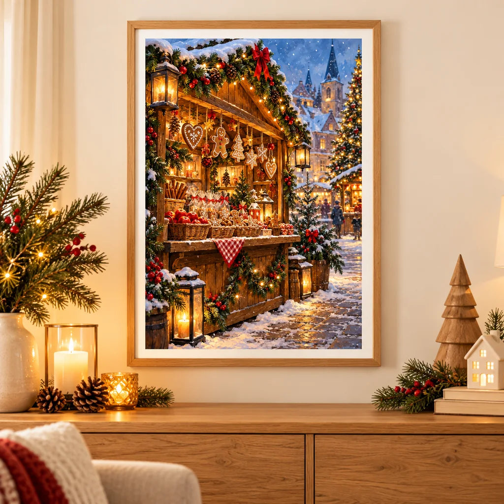 Framed Christmas Market diamond painting displayed as home decor.