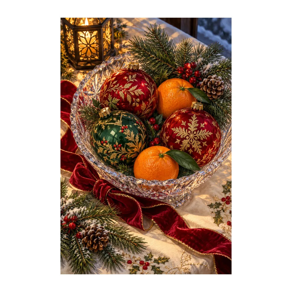 White-background original artwork of christmas ornaments and oranges in a crystal bowl