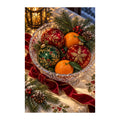 White-background original artwork of christmas ornaments and oranges in a crystal bowl