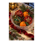 White-background original artwork of christmas ornaments and oranges in a crystal bowl