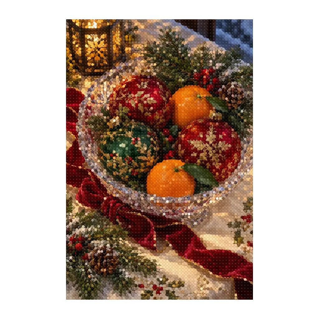 White-background finished diamond painting of christmas ornaments and oranges in a crystal bowl