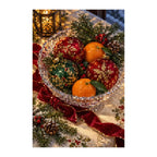White-background finished diamond painting of christmas ornaments and oranges in a crystal bowl