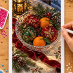 Hands placing drills on the christmas ornaments and oranges in a crystal bowl diamond painting canvas