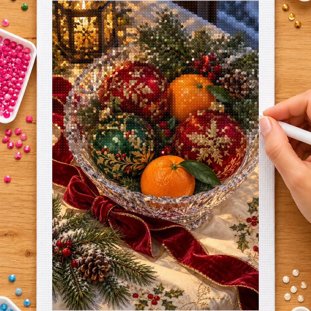 Hands placing drills on the christmas ornaments and oranges in a crystal bowl diamond painting canvas