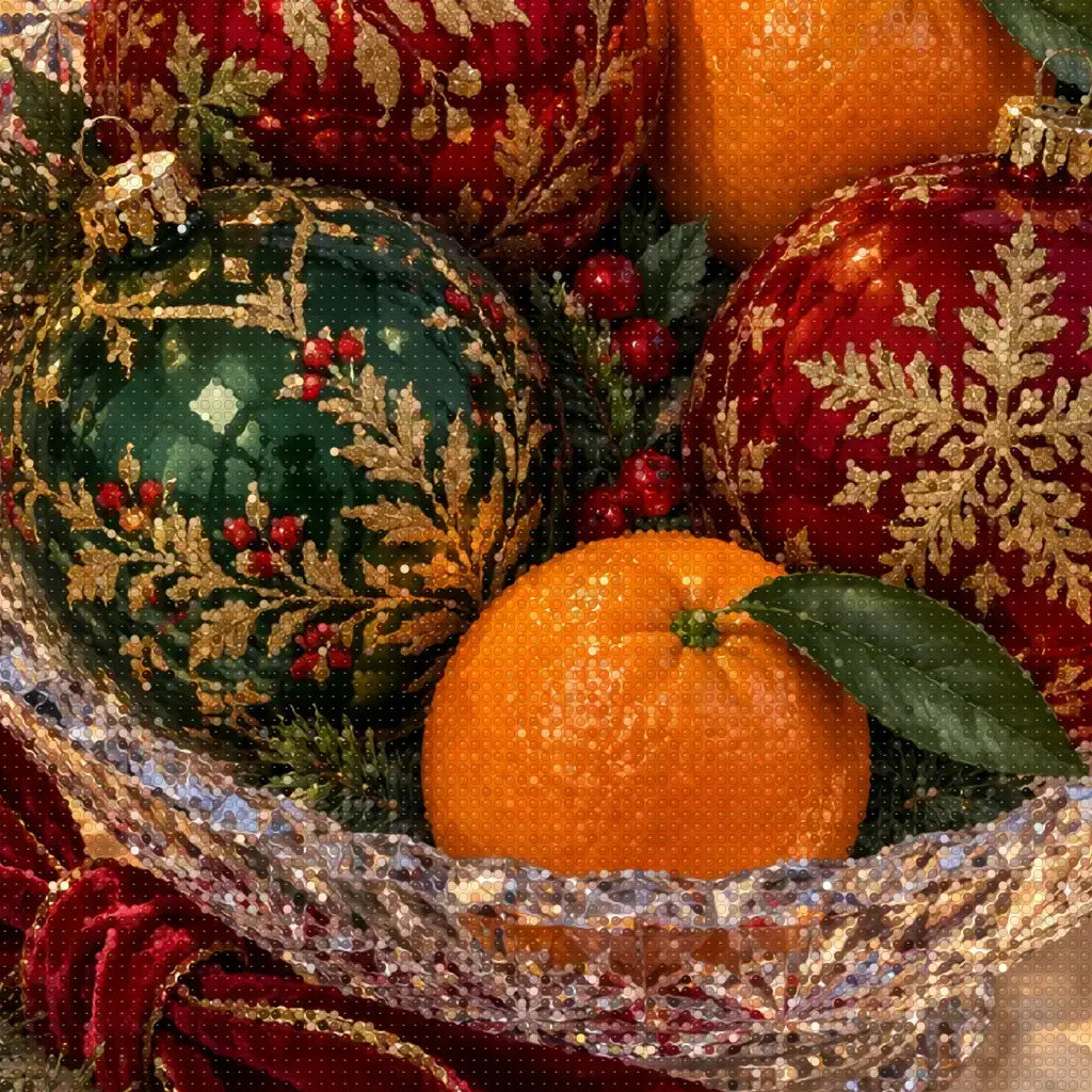 Close-up diamond detail of the christmas ornaments and oranges in a crystal bowl diamond painting