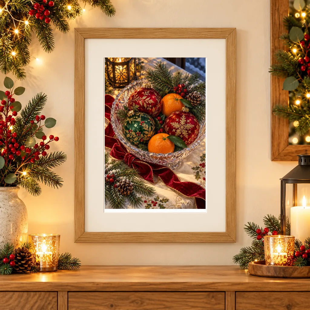 Framed home display of the christmas ornaments and oranges in a crystal bowl diamond painting