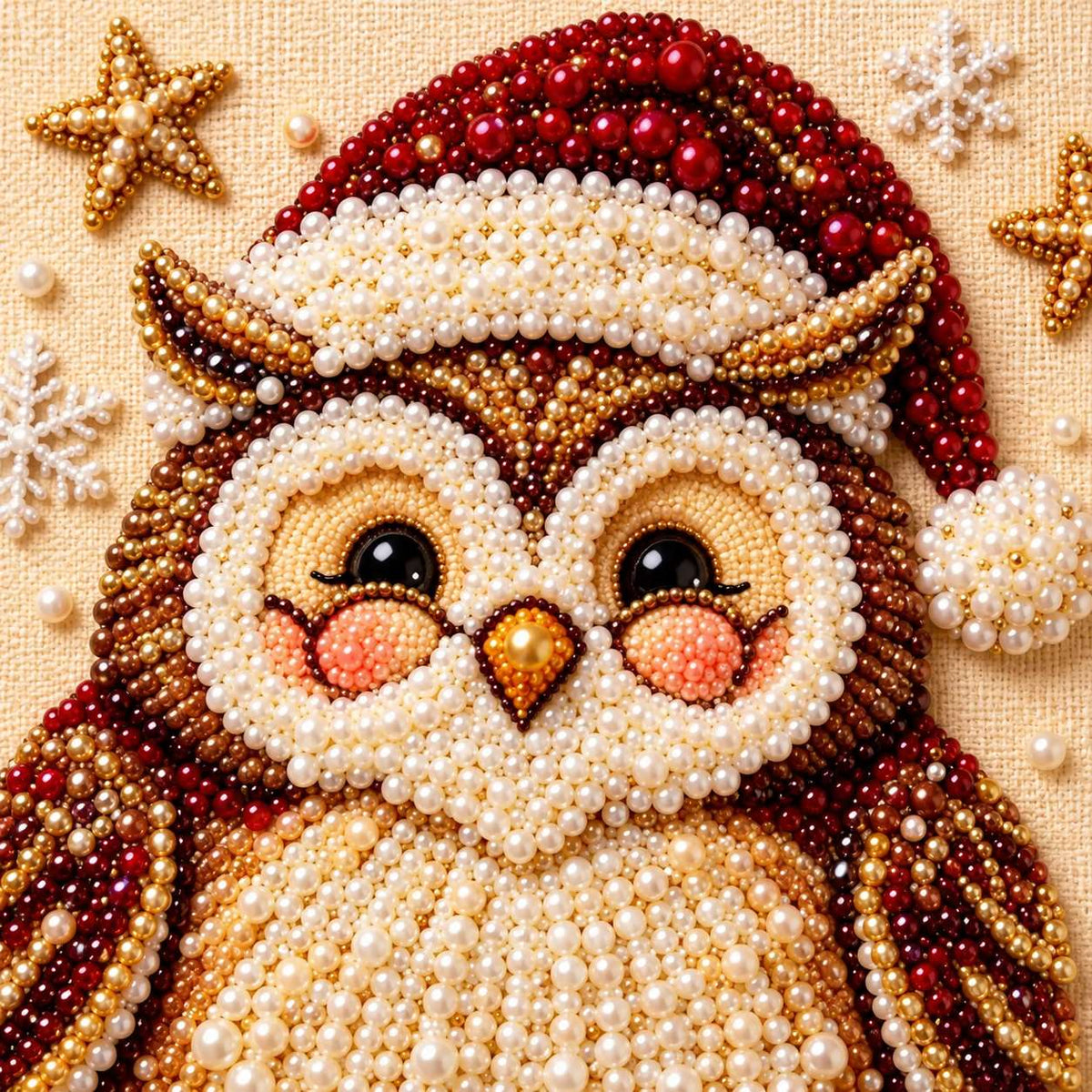Close-up pearl texture of the Christmas owl on a snowy branch design