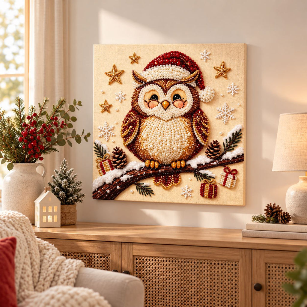 Christmas owl pearl painting displayed in a holiday room setting