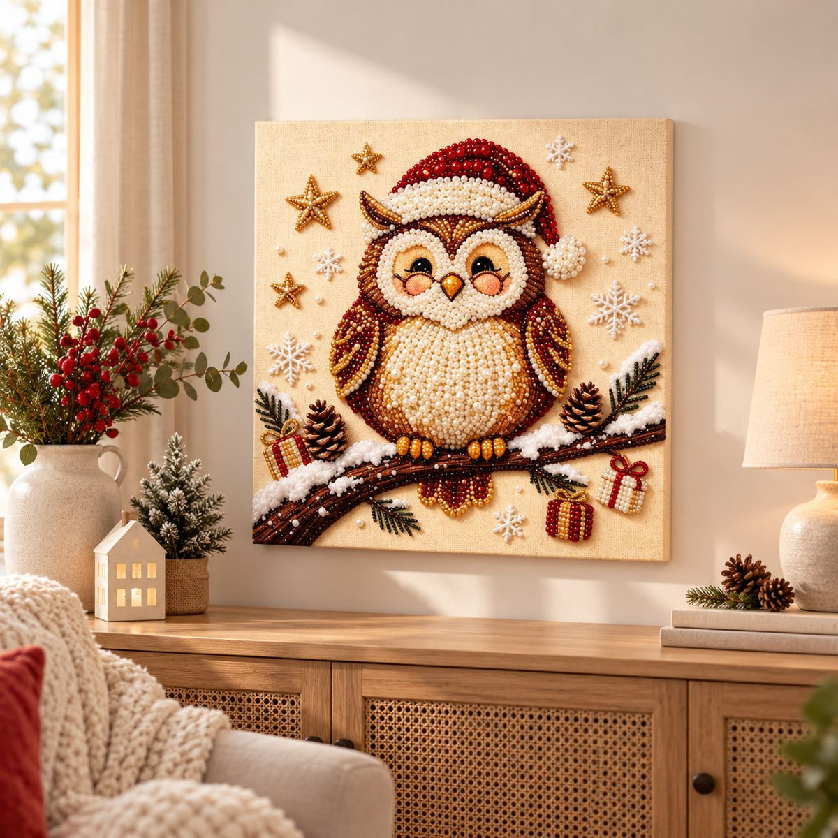 Christmas owl pearl painting displayed in a holiday room setting
