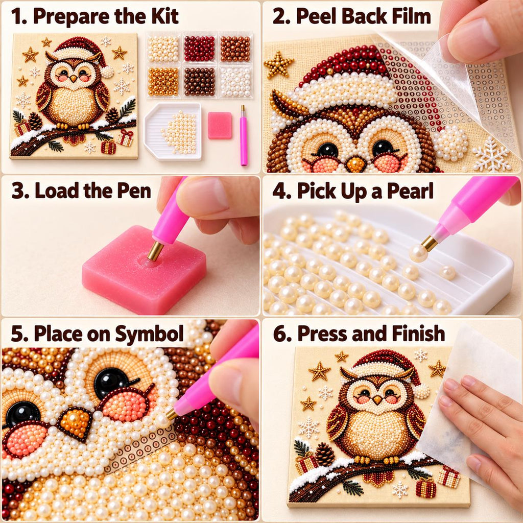 Six-step tutorial for the Christmas owl pearl painting kit