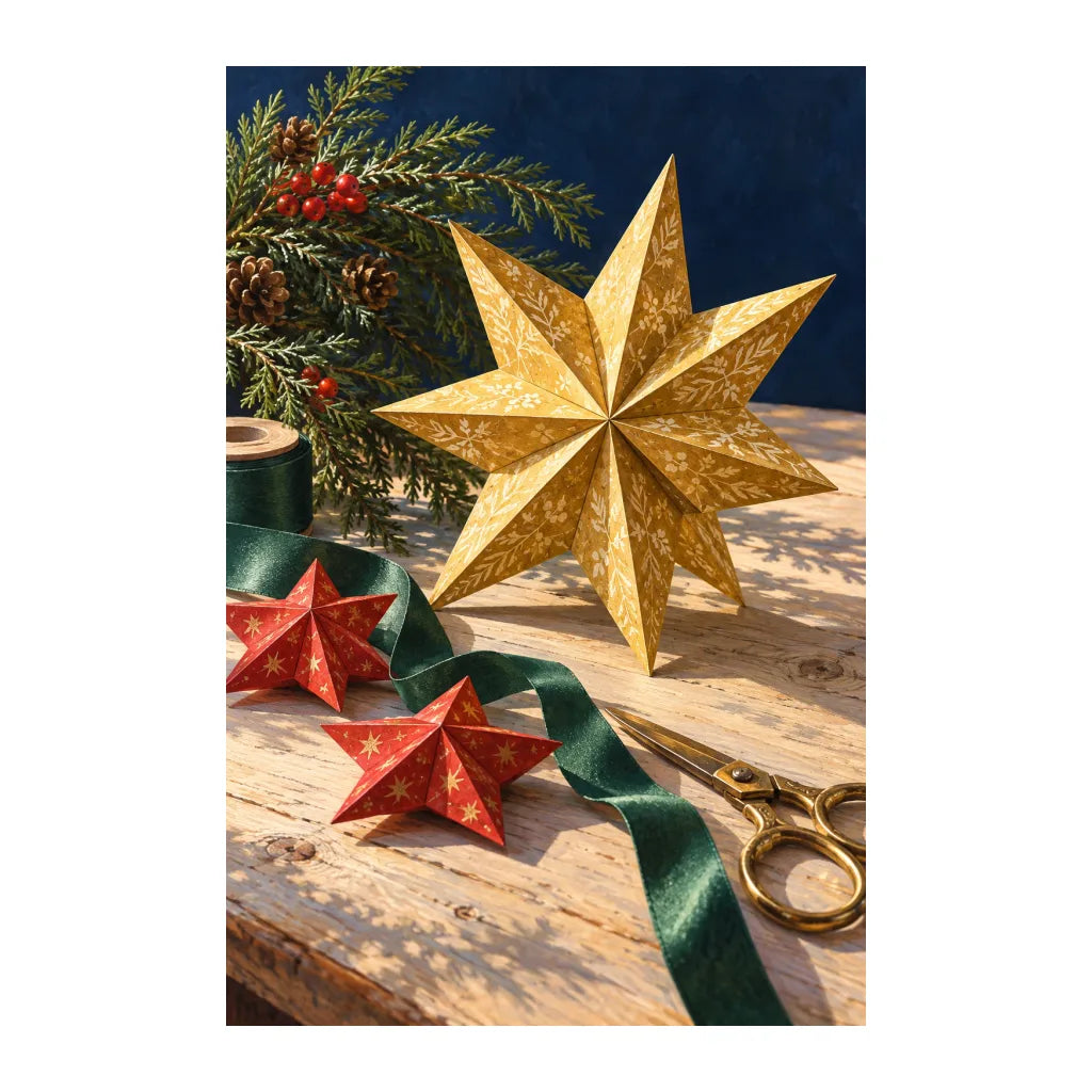 White-background original artwork of christmas paper star workshop
