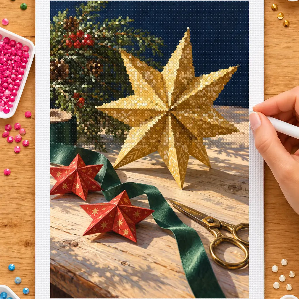 Hands placing drills on the christmas paper star workshop diamond painting canvas