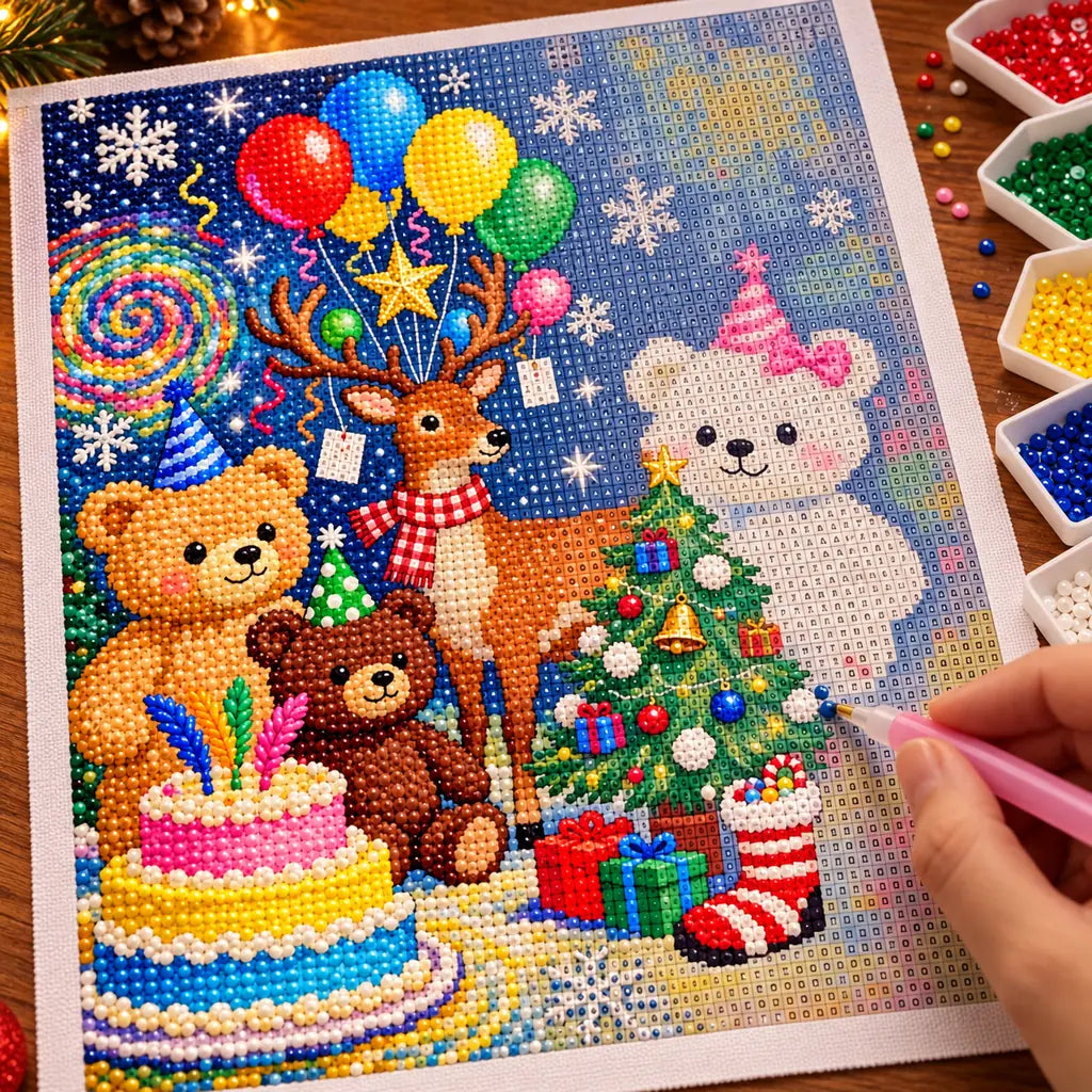 Diamond painting process for Christmas Party Animals Diamond Painting Kit, with drills being placed over a festive group of teddy bears and other animals celebrating with balloons and a cake.