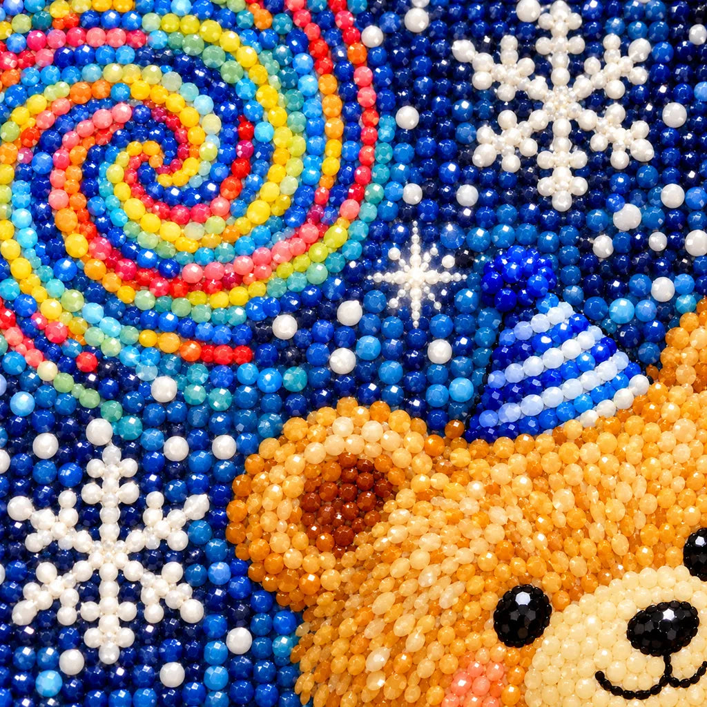 Close-up of diamond drill texture across a festive group of teddy bears and other animals celebrating with balloons and a cake.