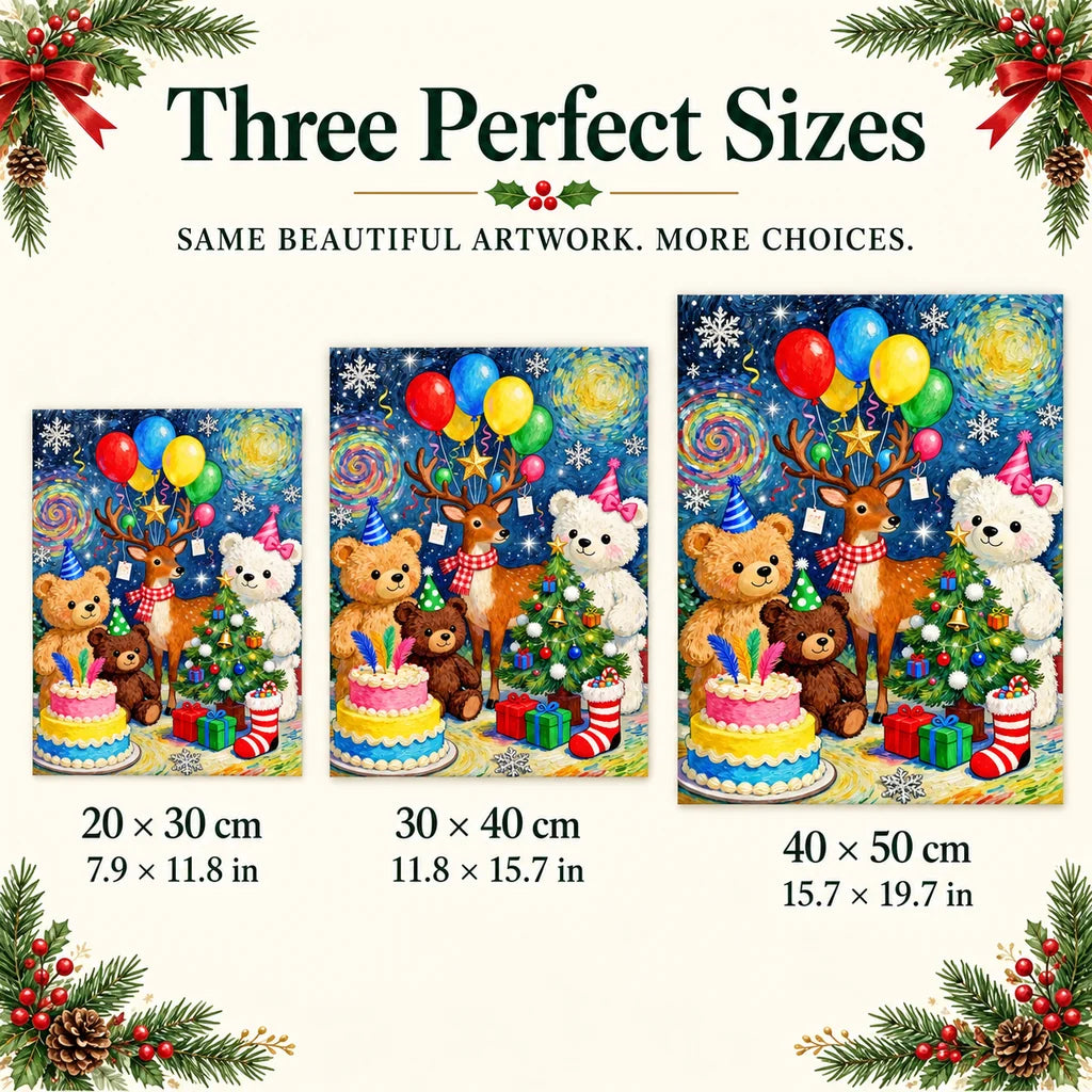 Size guide for Christmas Party Animals Diamond Painting Kit: 20 × 30 cm, 30 × 40 cm, and 40 × 50 cm.