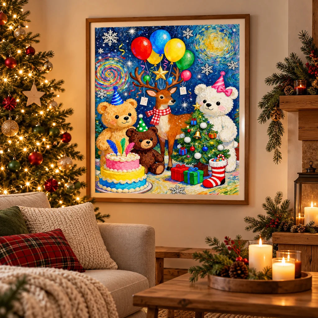 Home decor scene showing Christmas Party Animals Diamond Painting Kit artwork displayed on a wall.