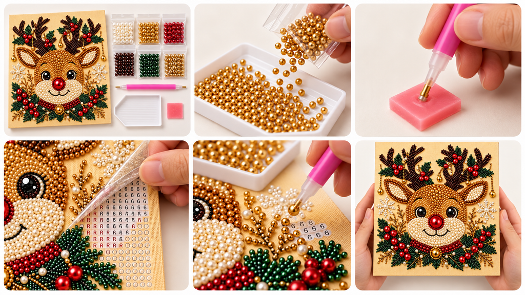 Six-step tutorial showing how to make the Christmas Reindeer pearl painting
