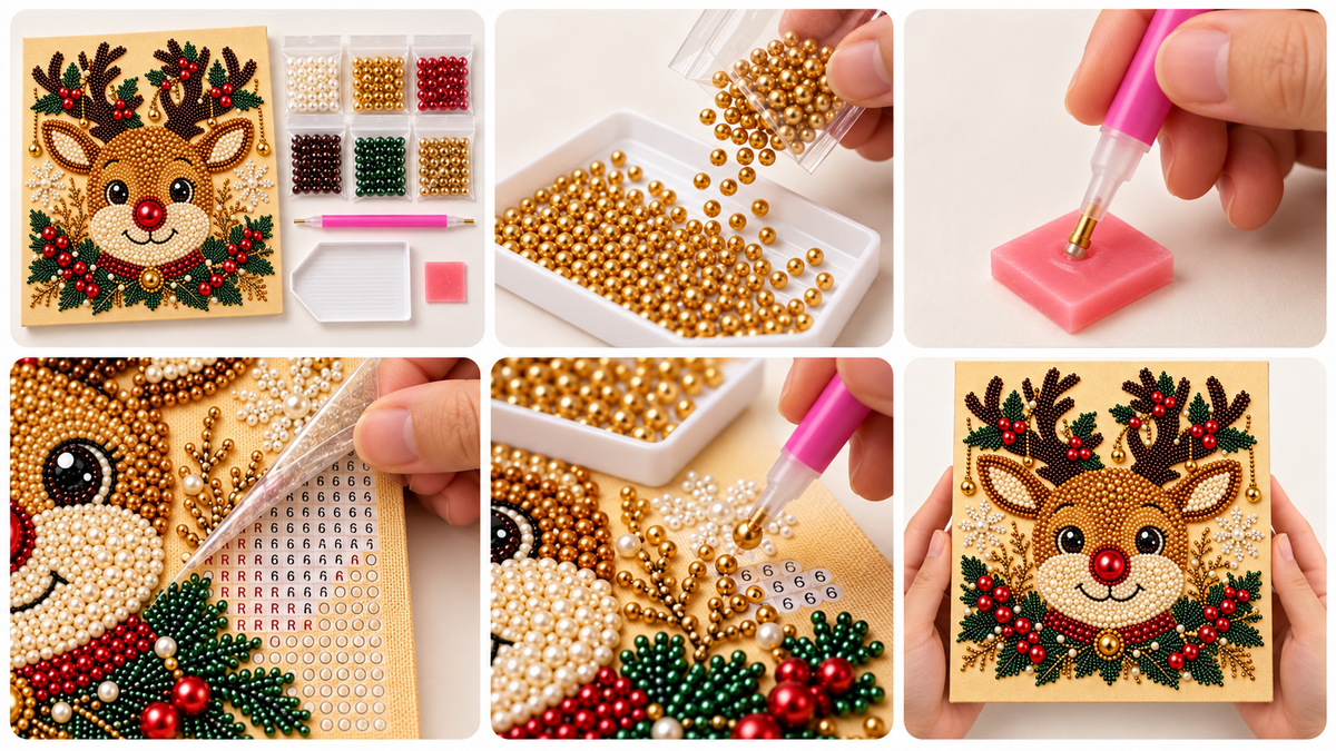 Six-step tutorial showing how to make the Christmas Reindeer pearl painting