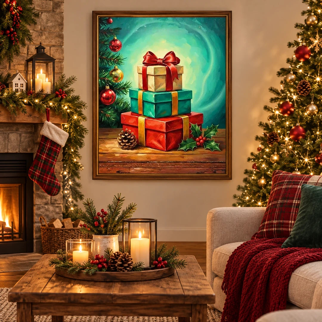 Christmas gift boxes diamond painting home scene