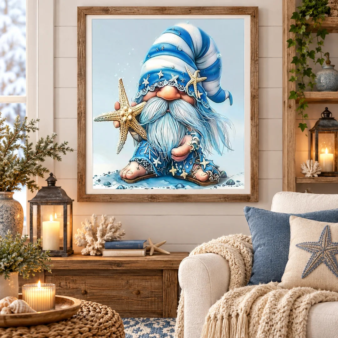 blue winter Christmas gnome diamond painting home scene