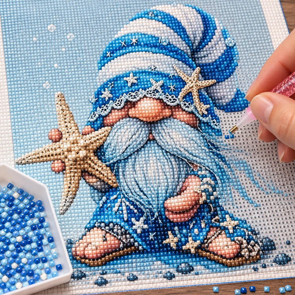 blue winter Christmas gnome diamond painting process