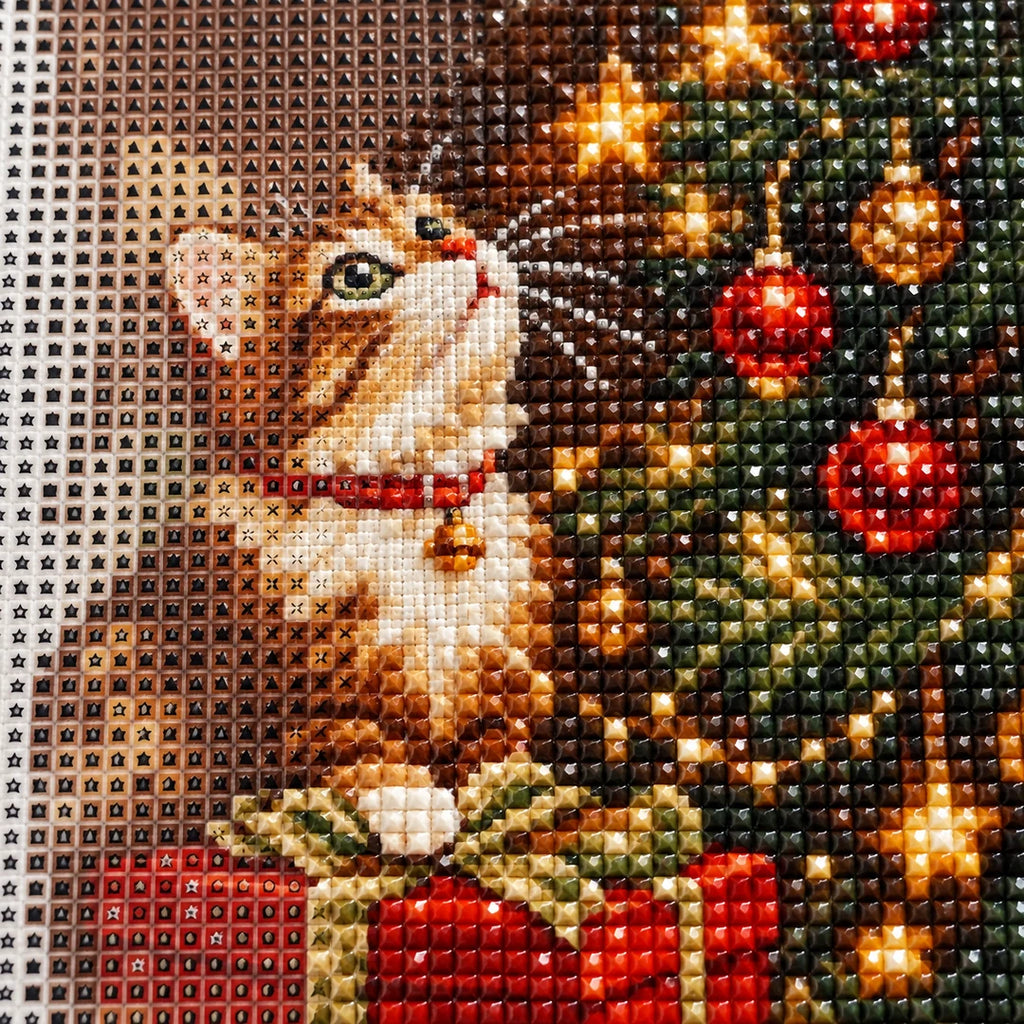 cat beside a Christmas tree diamond painting drill and canvas detail