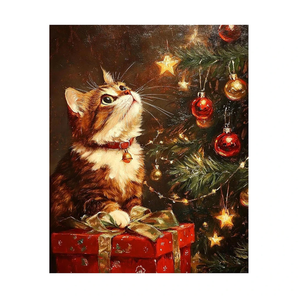 cat beside a Christmas tree diamond painting finished artwork