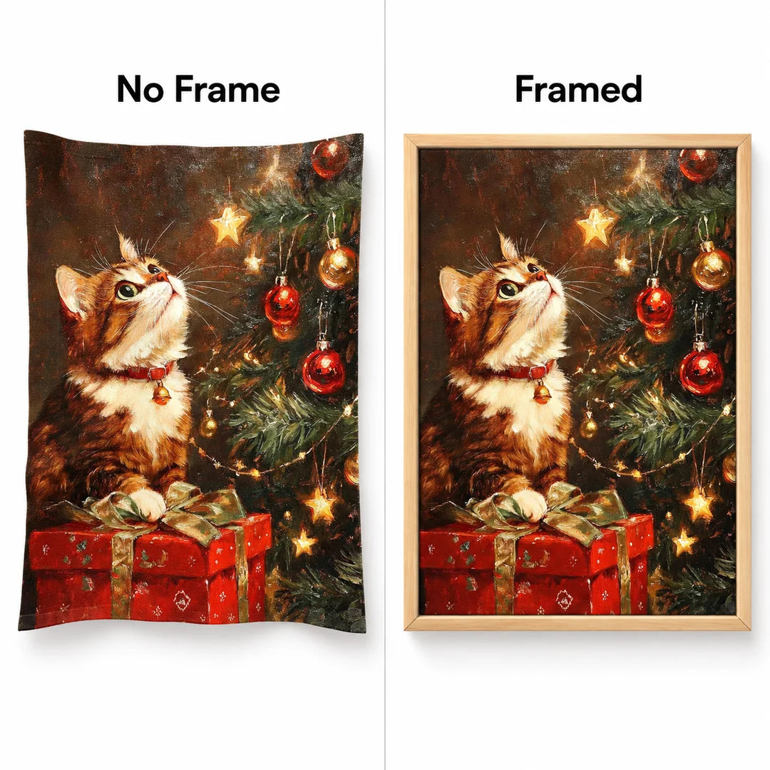 cat beside a Christmas tree diamond painting No Frame and Framed comparison