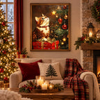 cat beside a Christmas tree diamond painting home scene