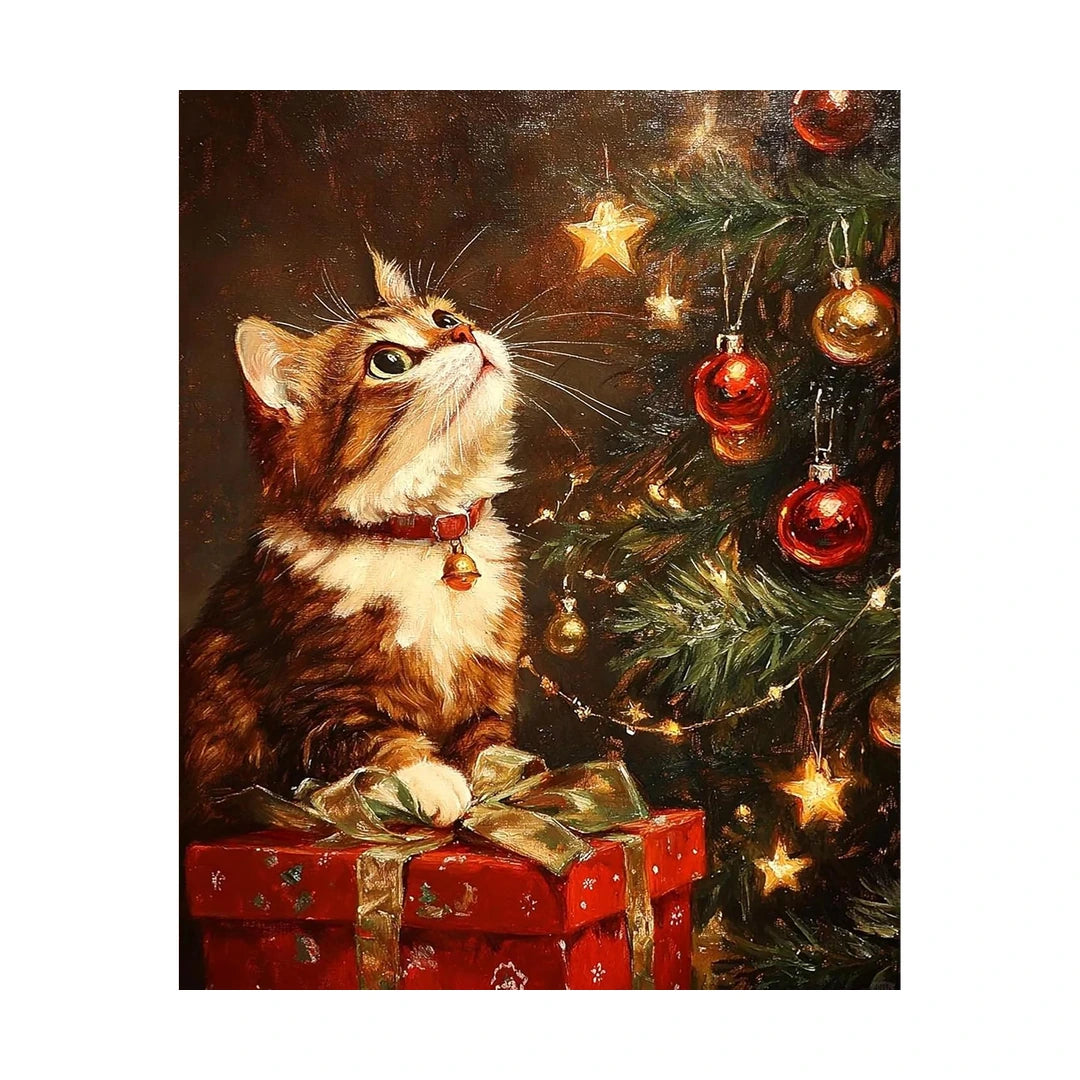 cat beside a Christmas tree diamond painting original artwork