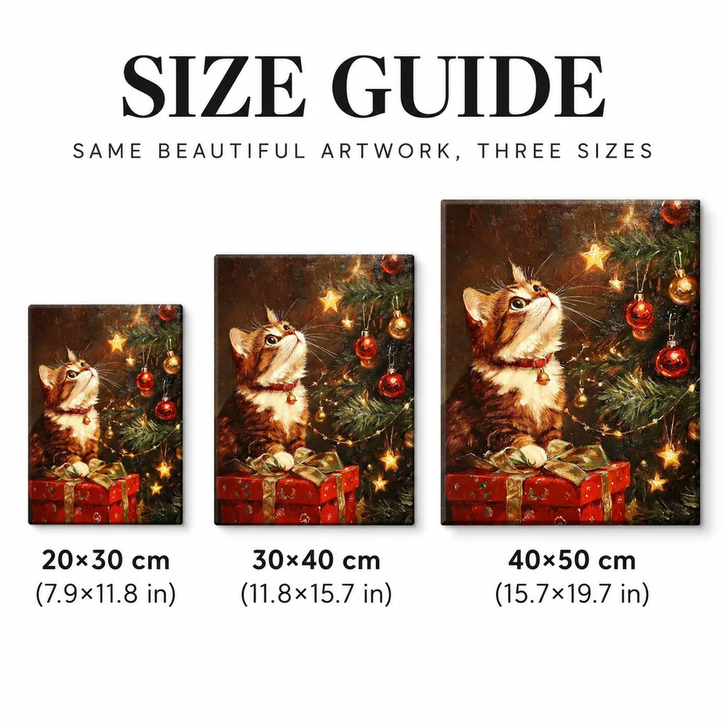 cat beside a Christmas tree diamond painting size guide