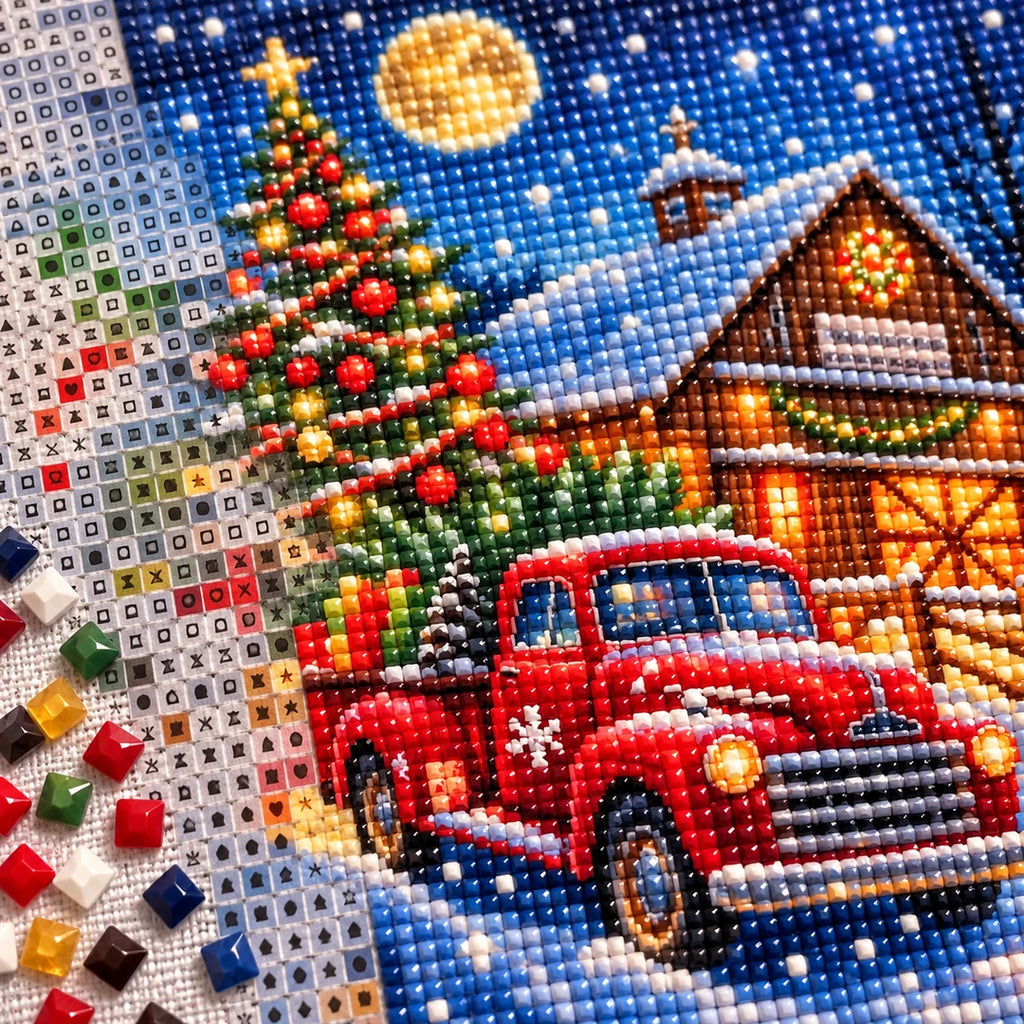 red truck with Christmas tree and barn diamond painting drill and canvas detail