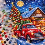 red truck with Christmas tree and barn diamond painting drill and canvas detail