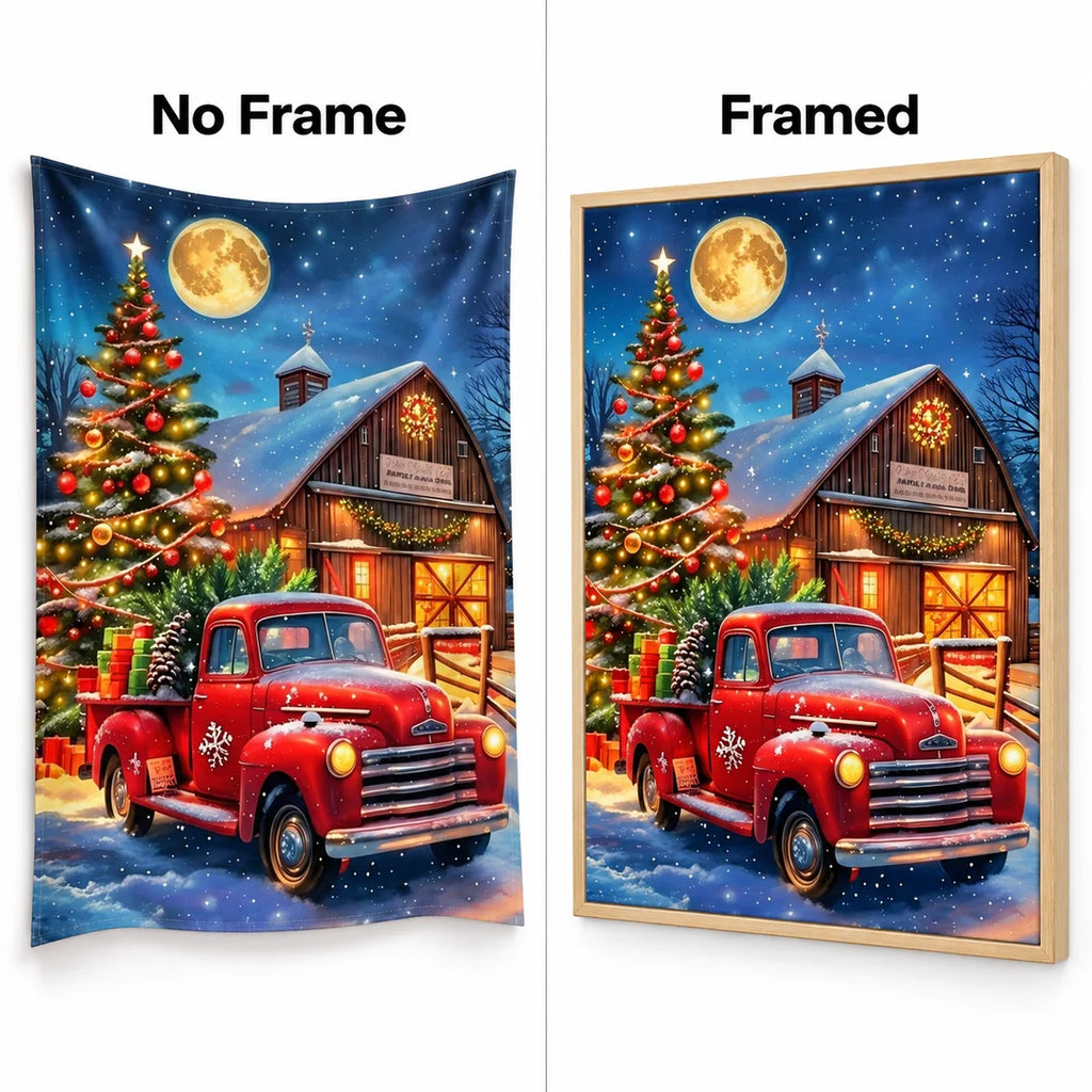 red truck with Christmas tree and barn diamond painting No Frame and Framed comparison