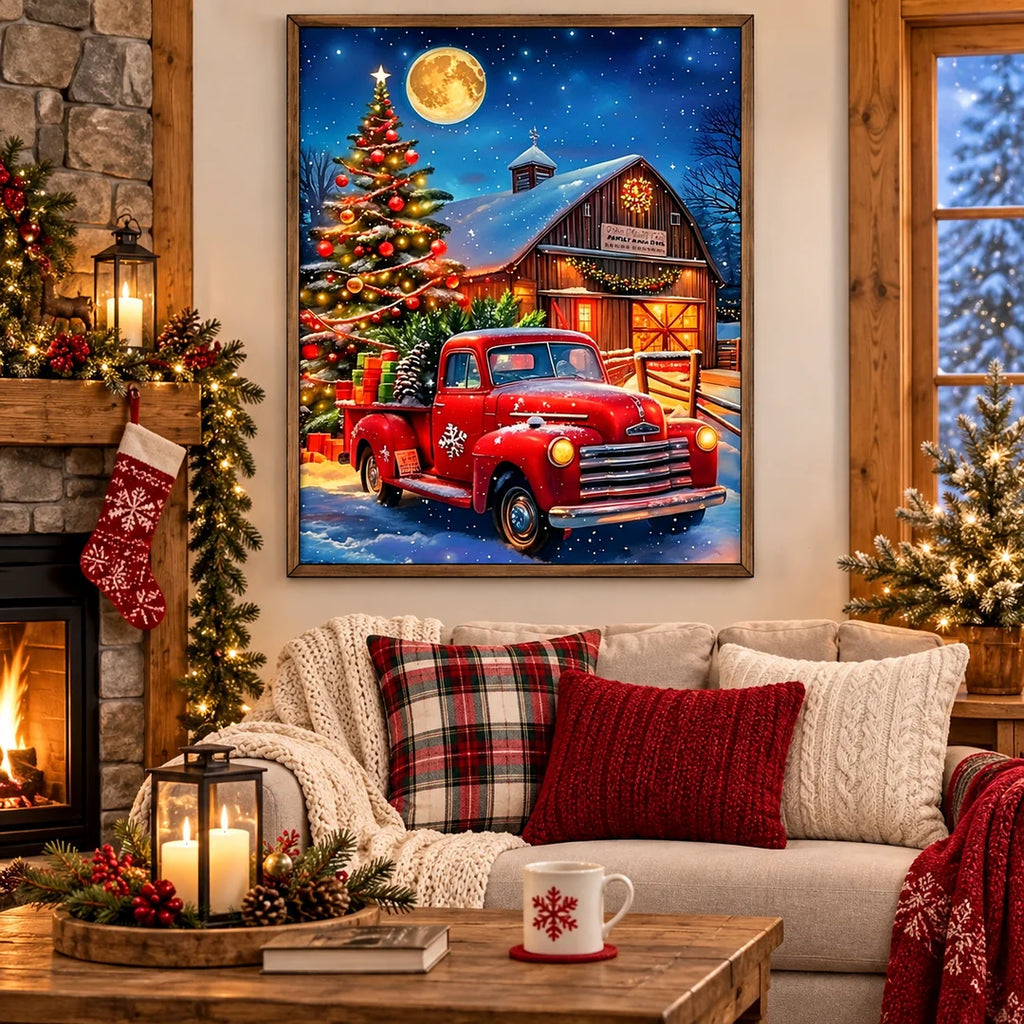 red truck with Christmas tree and barn diamond painting home scene