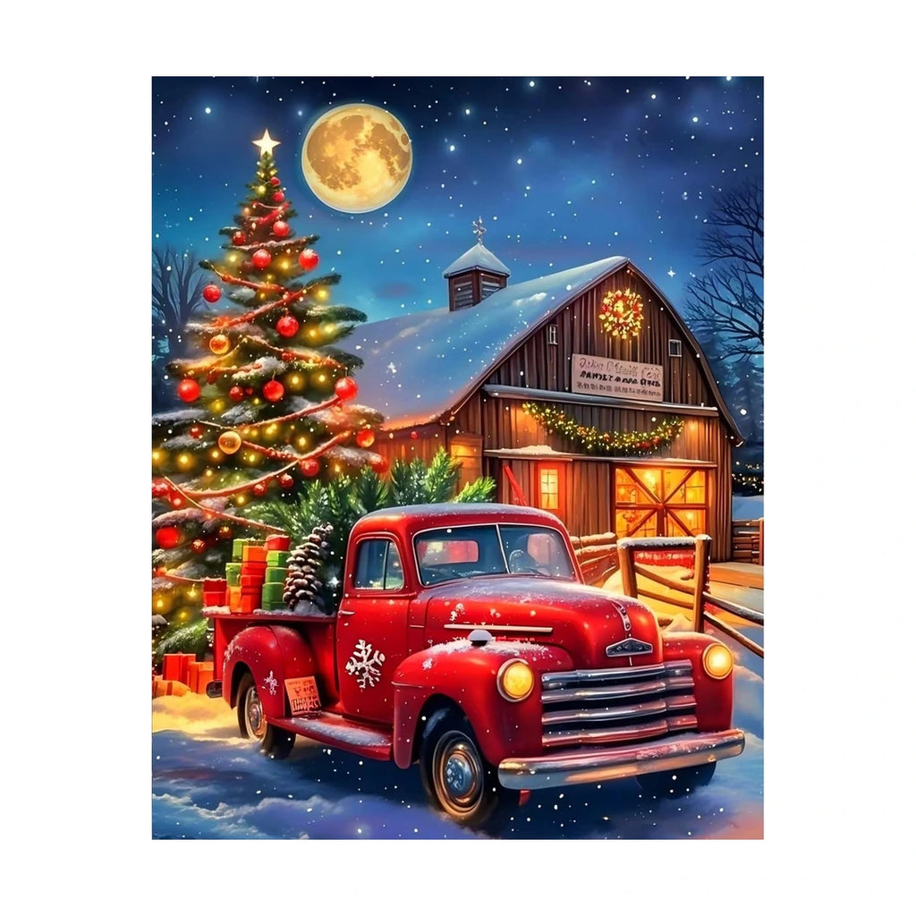 red truck with Christmas tree and barn diamond painting original artwork
