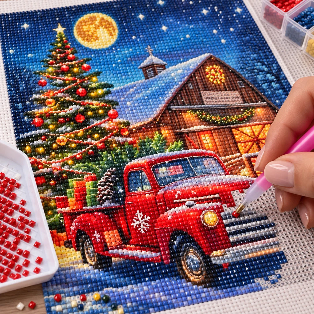 red truck with Christmas tree and barn diamond painting process
