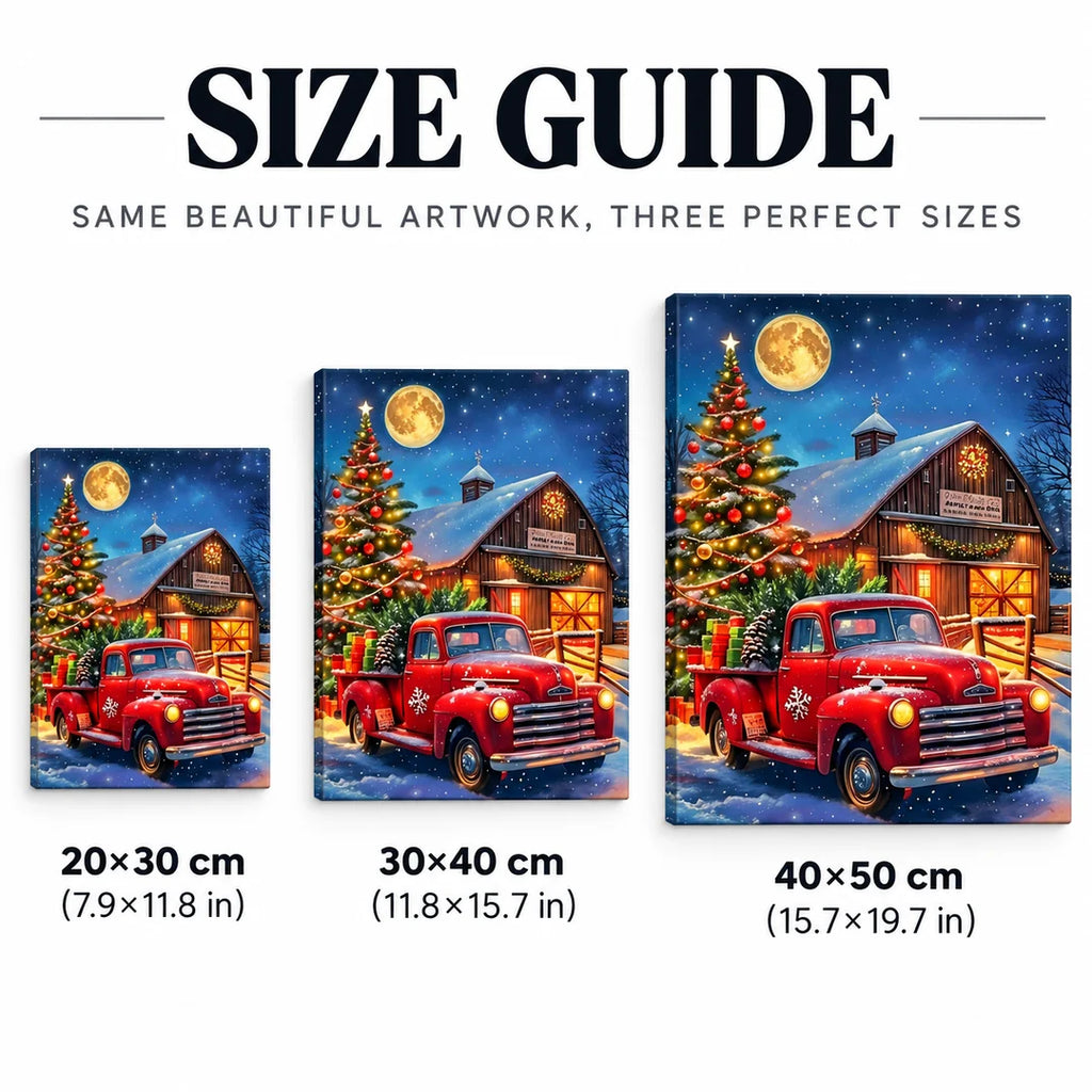 red truck with Christmas tree and barn diamond painting size guide