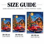 red truck with Christmas tree and barn diamond painting size guide