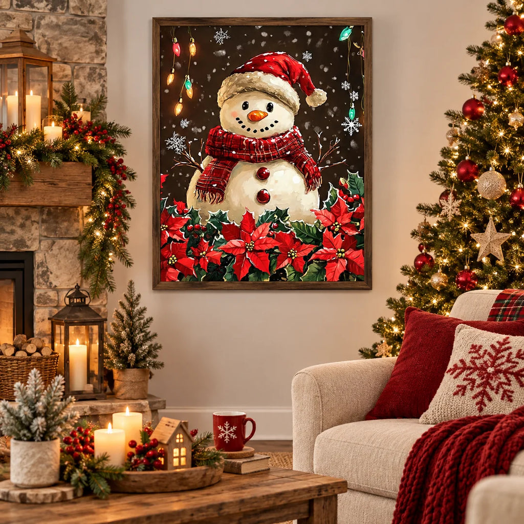 snowman with poinsettias diamond painting home scene
