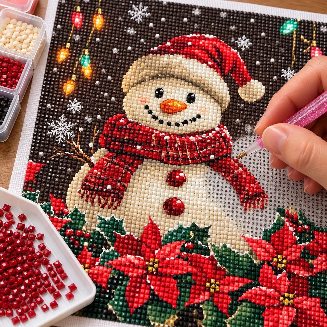 snowman with poinsettias diamond painting process
