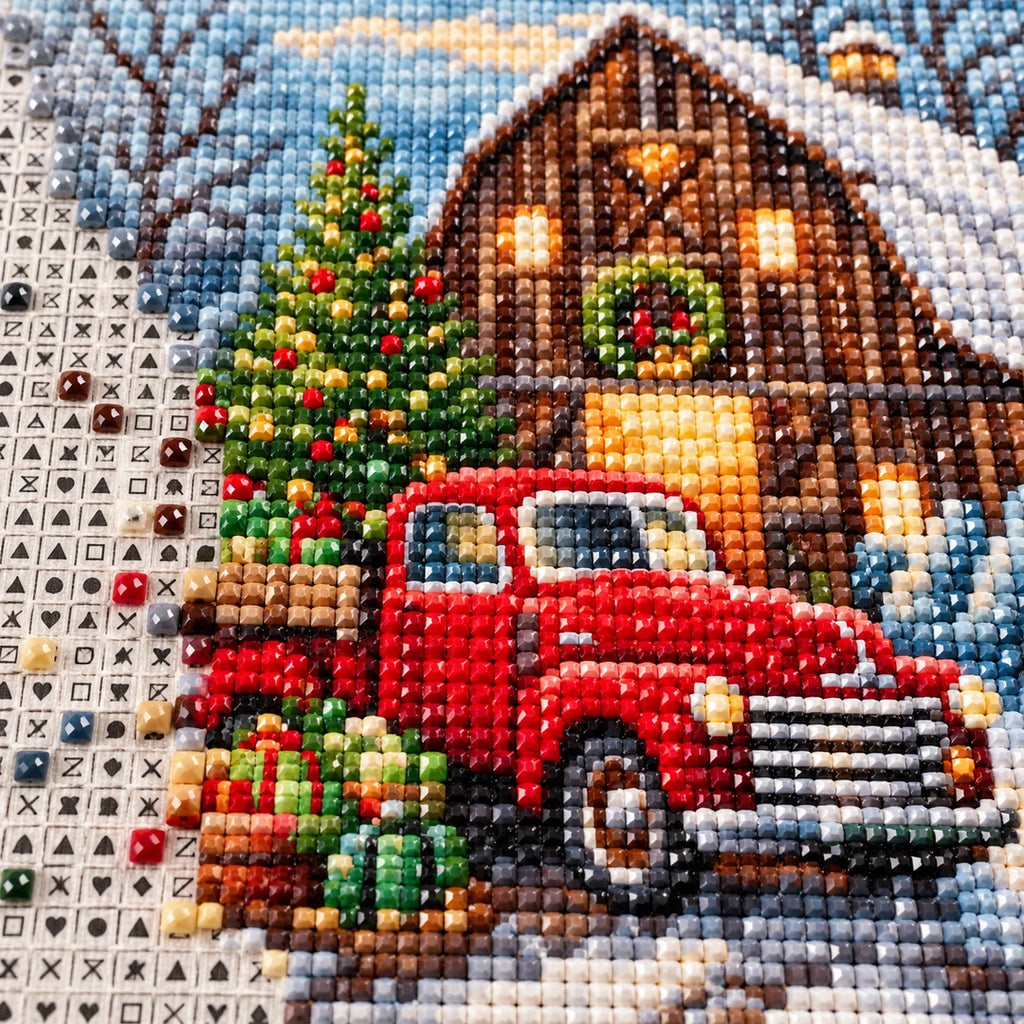 red truck by a snowy cabin diamond painting drill and canvas detail