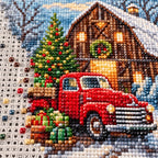 red truck by a snowy cabin diamond painting drill and canvas detail