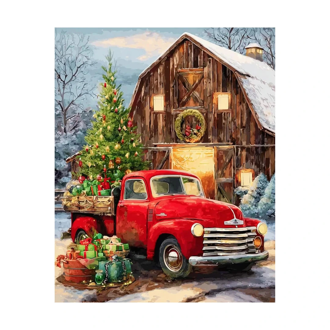 red truck by a snowy cabin diamond painting finished artwork