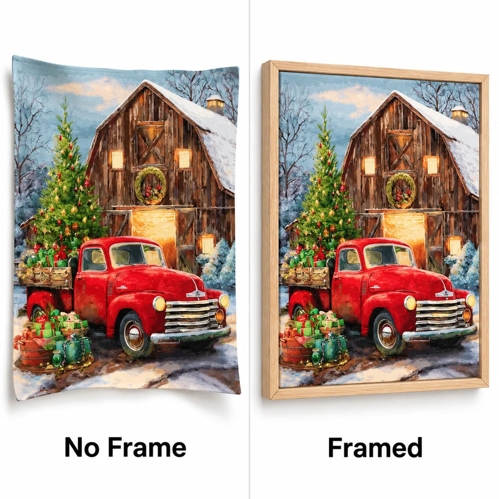 red truck by a snowy cabin diamond painting No Frame and Framed comparison