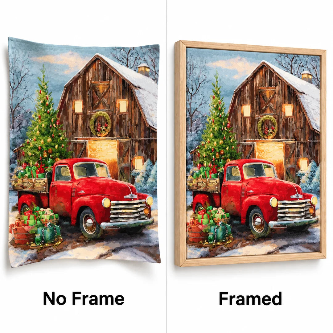 red truck by a snowy cabin diamond painting No Frame and Framed comparison