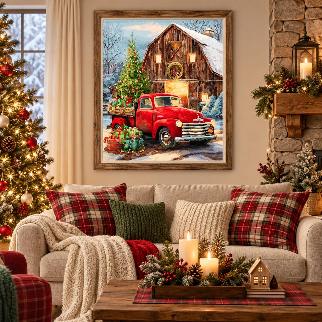 red truck by a snowy cabin diamond painting home scene